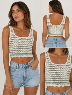 H&M White and Light Green Crochet Crop Tank Top